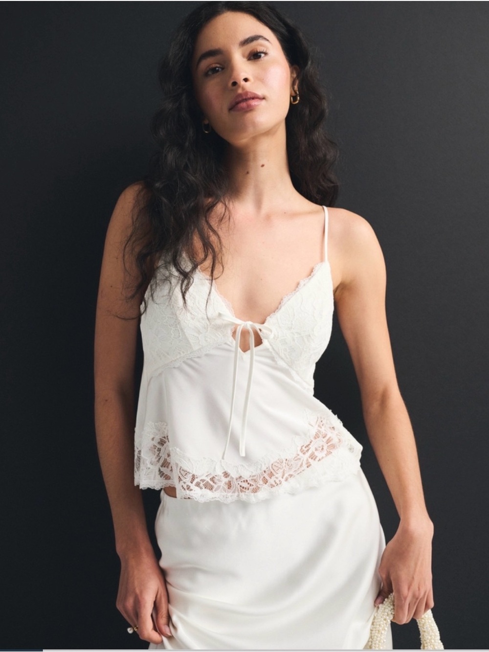 Abercrombie & Fitch Lace-Trim Satin Camisole Top in Ivory